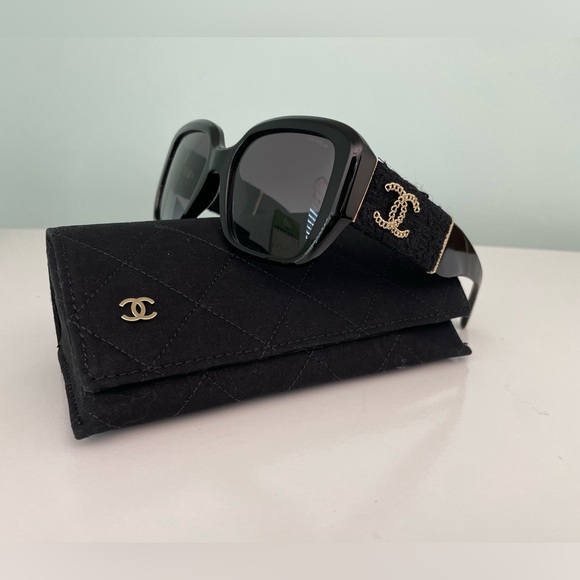 CHANEL Square Sunglasses Acetate & Tweed 5512-A Black Gold NEW main image 6